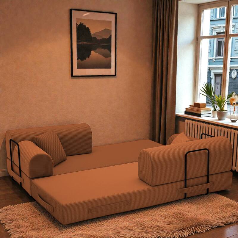 Convertible Sleeper Sofa Bed, 4-in-1 Corduroy Folding Floor Couch with Cylindrical Pillow, 2-Seat Space-Saving Lounge Sofa