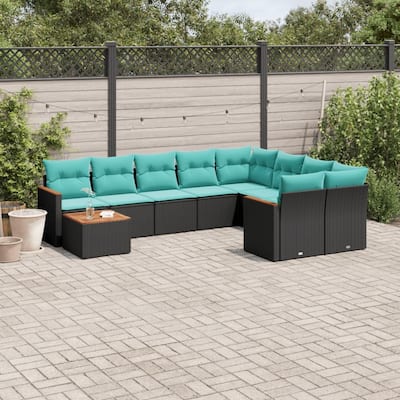 vidaXL 10 Piece Patio Sofa Set with Cushions Black Poly Rattan - 24.4x27.2x24.4