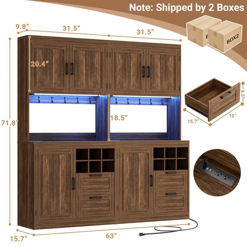 Farmhouse 72" Tall Kitchen Pantry Cabinet with Charging Station, Coffee Bar Cabinet with Hutch and LED Light