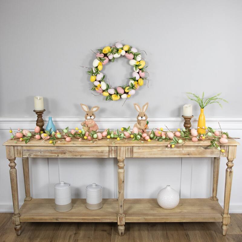 Easter Eggs and Flower Buds Artificial Wreath - 22" - Pink and Yellow - Unlit