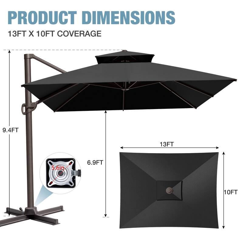 VredHom 10x13FT Outdoor Patio Offset Umbrella 360 Degree Rotation without Base