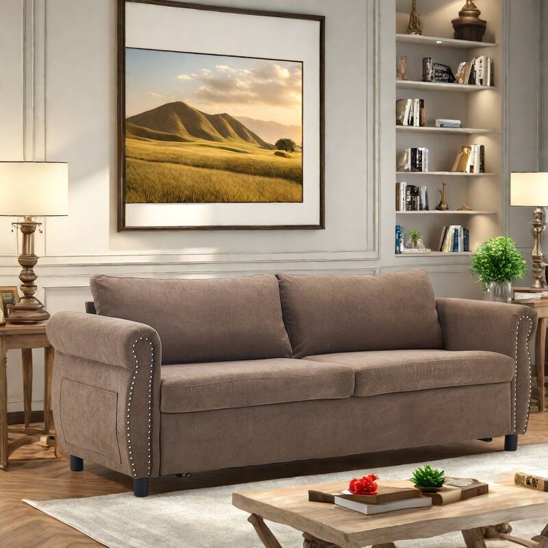 63" Polyester 3-Seater Sleeper Sofa with Pull-Out Mattress and Retro Rivet Armrests