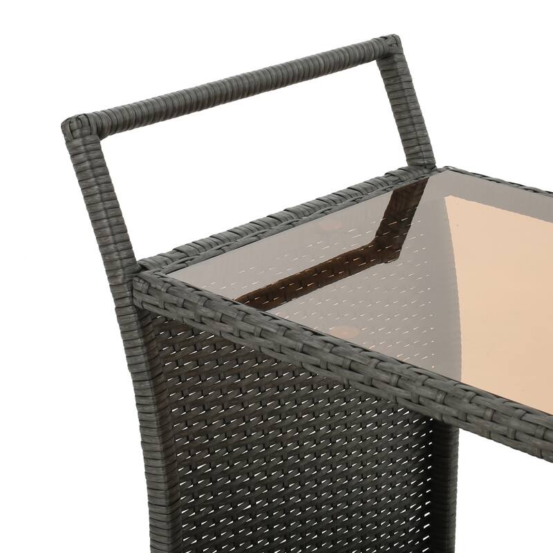 Roomfitters Outdoor Bar Cart with Wine Rack, Glass Holder and Ice Bucket, Wicker Patio Serving Trolley