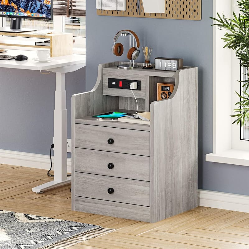 Small Nightstand 3 Drawers Charging Station End Side Table