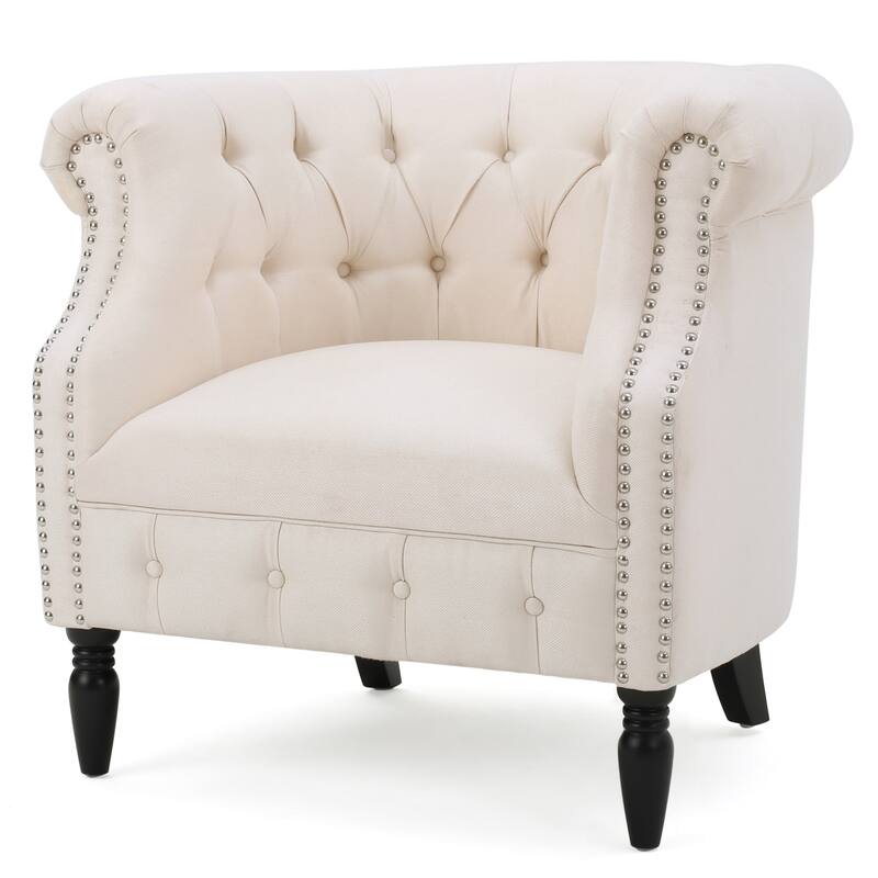 Modern 32.75" Velvet Button Tufted Club Chair with Turned Birch Wood Legs and Nailheads