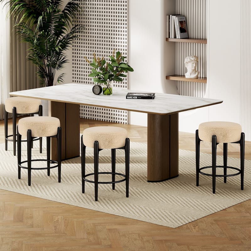 Mid-Century Modern Chair Set of 4 - 23.6" Backless Kitchen Stools with Boucle Upholstery & Sturdy Metal Base