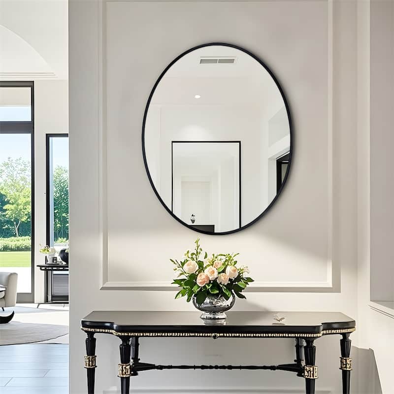Oval Wall Mirror Black Frame Bathroom Vanity Mirror Vertical Hanging Makeup Mirror for Bedroom