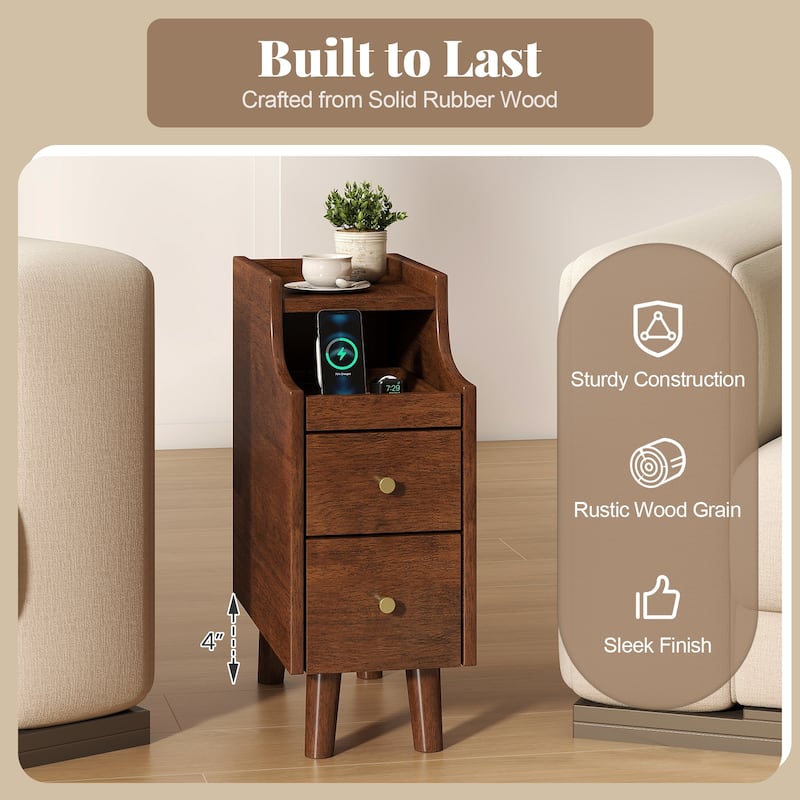 Gymax Solid Wood End Table w/ Pull-out Tray & 2 Storage Drawers Cable
