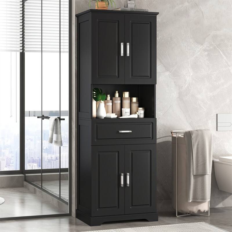 Tall Bathroom Storage Cabinet with 4 Doors and 1 Drawer, Freestanding Bathroom Floor Cabinet w/Open Storage & Adjustable Shelves - Black