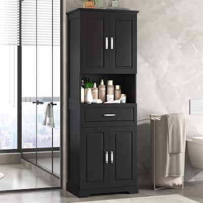 Tall Bathroom Storage Cabinet with 4 Doors and 1 Drawer, Freestanding Bathroom Floor Cabinet w/Open Storage & Adjustable Shelves