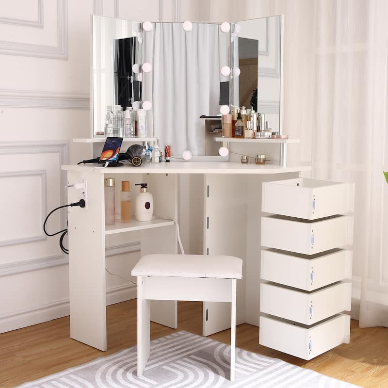 Corner Makeup Vanity Desk with Lights & Power Outlet - White