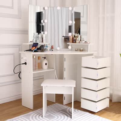 Corner Makeup Vanity Desk with Lights & Power Outlet