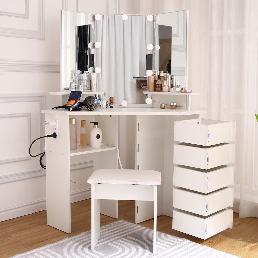 Corner Makeup Vanity Desk with Lights & Power Outlet