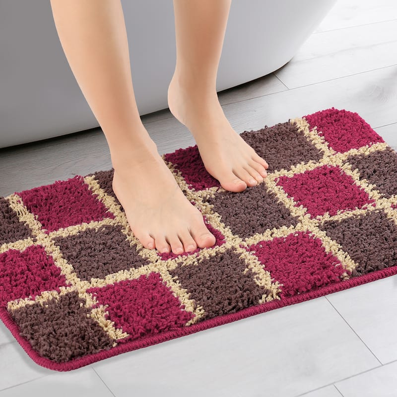 Floral Bath Mat, Plush Shaggy Bathroom Rug, Checked Washable Bath Carpet for Bathroom Floor, Tub and Shower Room - Red Checked - 16" x 24"