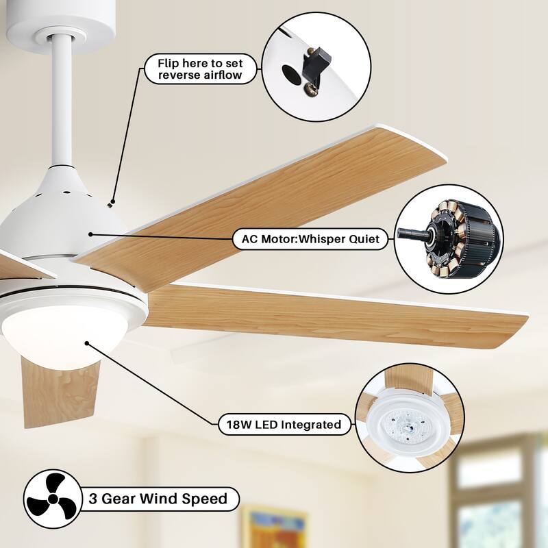 52" Plywood Ceiling Fan with Light and Remote Reversible Quiet AC Motor Dimmable LED Dual Color Blade