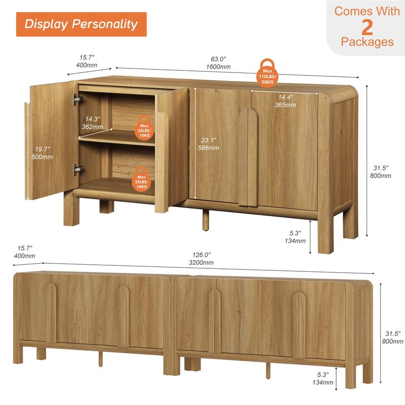 WAMPAT Mid-Century 63" Wood SideboardWAMPAT Buffet Cabinet With Storage, Modern Credenza With Doors And Adjustable Shelves