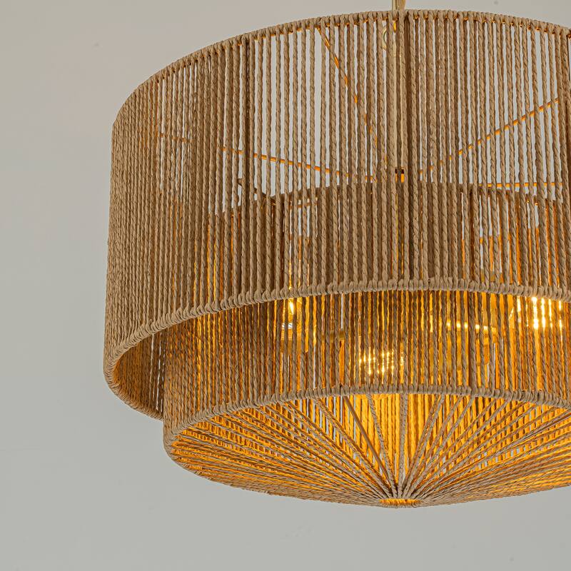 Armida 3-Light Rattan Rope Tiered Drum Pendant, Coastal Boho - Handwoven