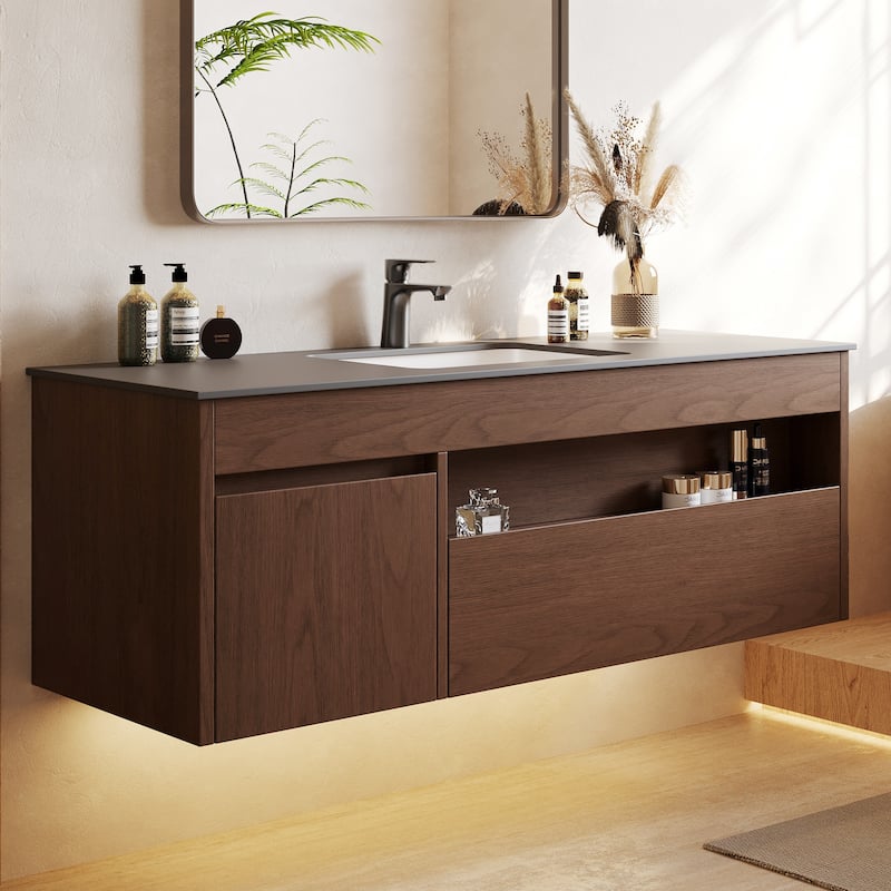 47.24'' Single Bathroom Vanity with Stone Top, Solid Wood, Dark Gray Stone Top