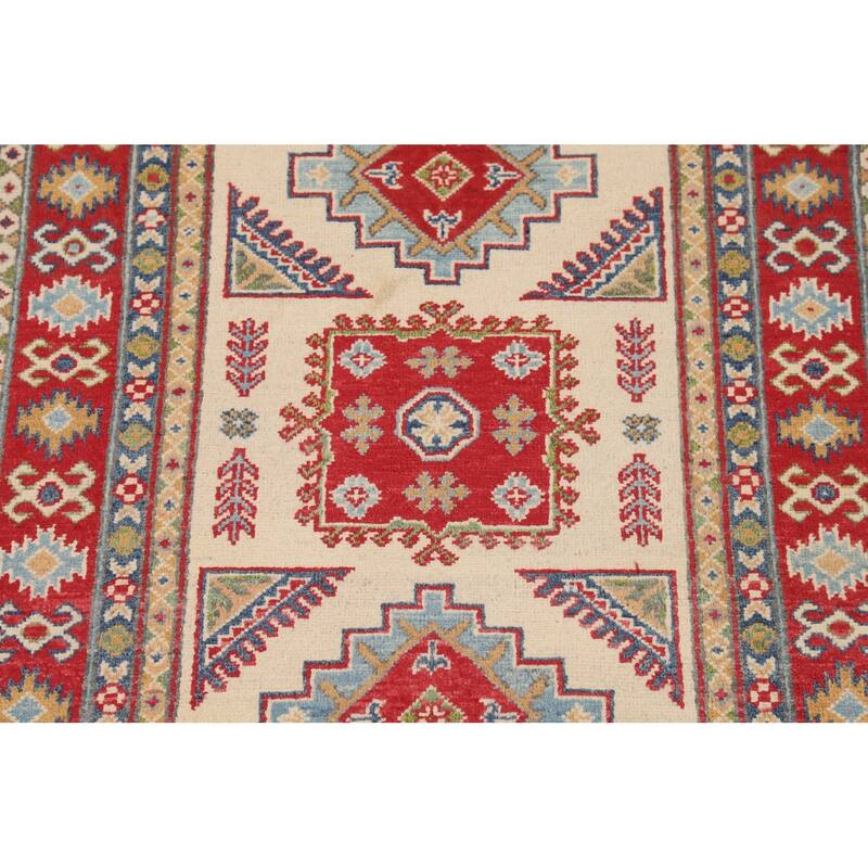 Beige / Ivory Kazak Accent Rug Hand-Knotted Geometric Wool Carpet - 3'11" x 4'11"