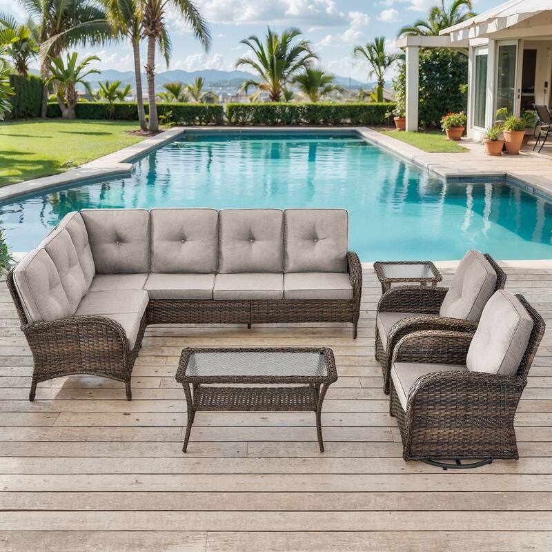 Outdoor Sectional Sofa with Cushion Funiture Set - Brwon Wicker Beige Cushion - 6PCS Sectional Sofa w/ Swivel Chair