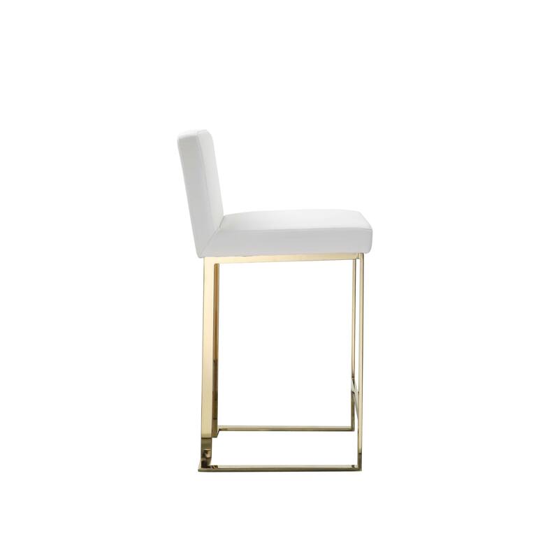 Boly 26 Inch Counter Stool, Cushioned White Faux Leather, Gold Cantilever