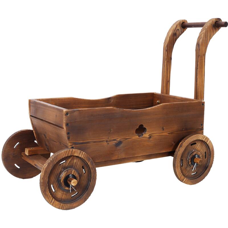 41.4 in. Brown Wood Wagon Outdoor Flower Planter Pot with Wheels for Garden Decor