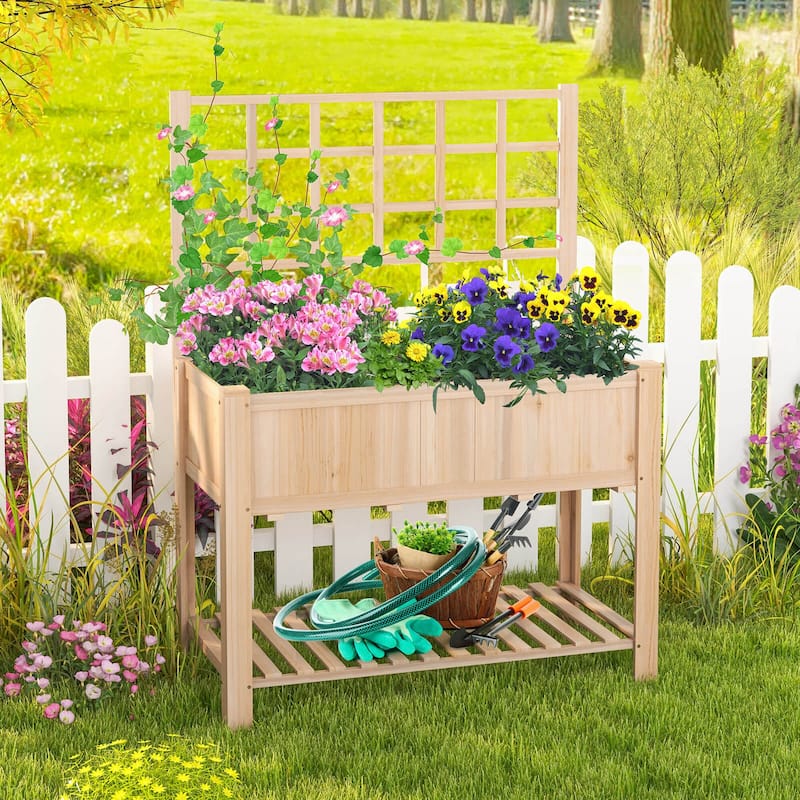 Costway Raised Garden Bed Elevated Wooden Planter Box with Trellis &