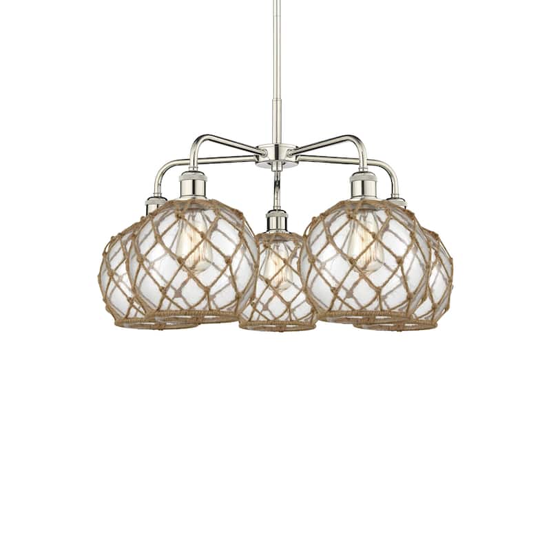 Innovations Lighting 516-5CR-16-27 Farmhouse Rope Chandelier Farmhouse - Polished Nickel / Clear Glass with Brown Rope