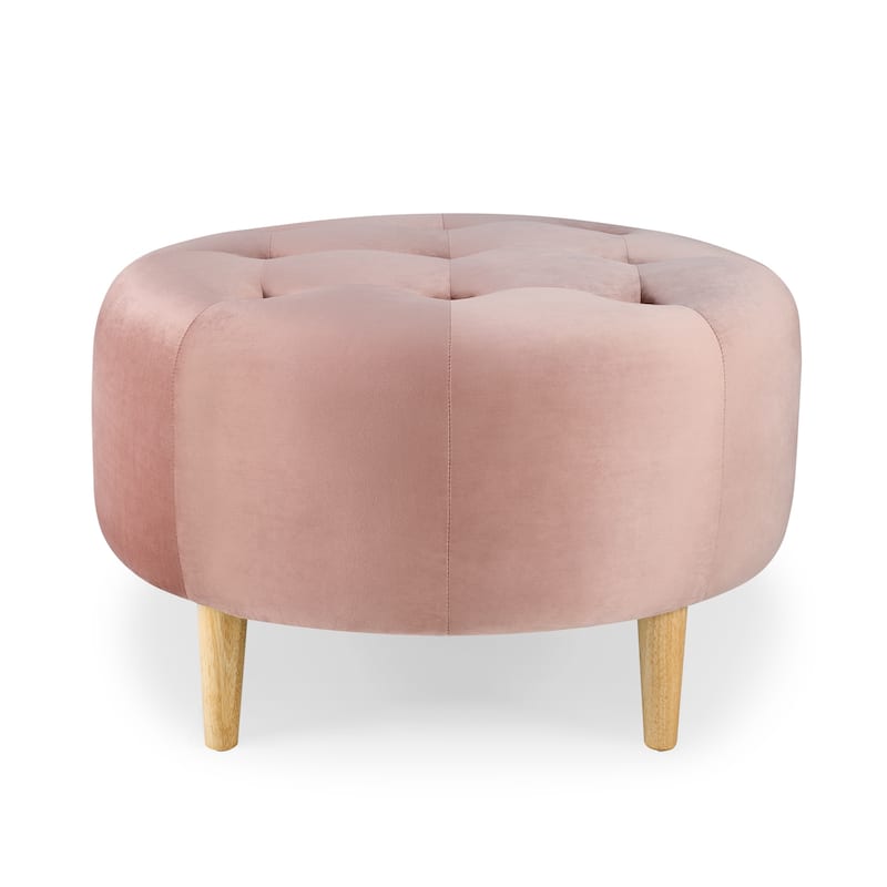 Bloomfield Round Velvet Ottoman - Blush Pink Velvet / Natural Legs