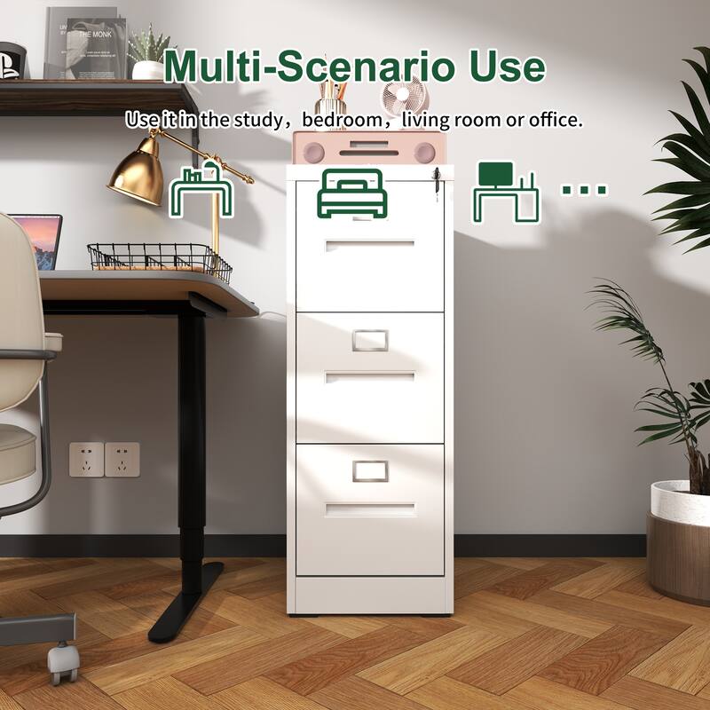 Modern Narrow Vertical File Cabinet, 3 Drawers Filing Cabinet with Lock Adjustable Hanging Rail, for Home Office