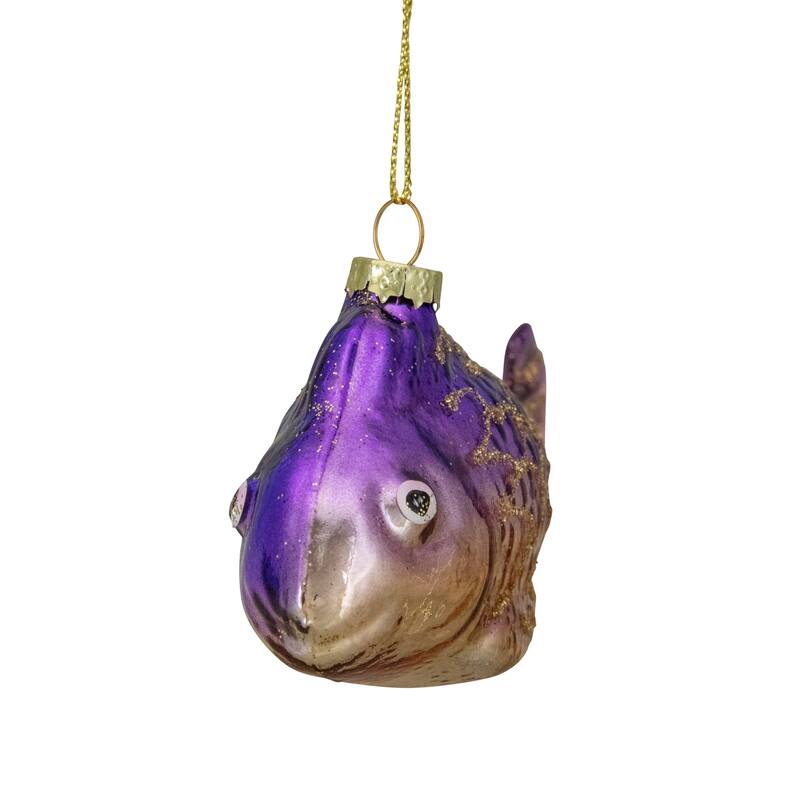 Glass Fish Christmas Ornament - 4" - Purple and Gold