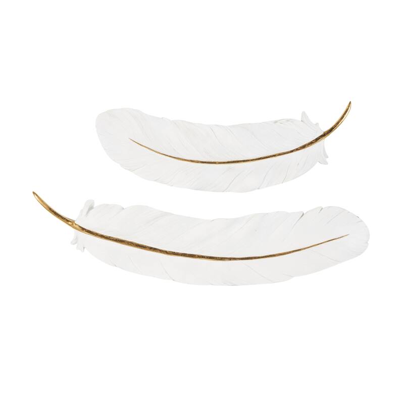Resin Bird Feather Home Wall Decor with Gold Foil Accent - Set of 2 White - Roche River Decor - White