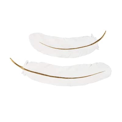 Resin Bird Feather Home Wall Decor with Gold Foil Accent - Set of 2 White - Roche River Decor