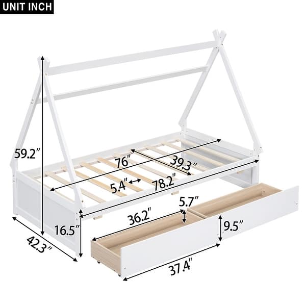 dimension image slide 1 of 2, Twin Size House-Shaped Platform Kids Bed Frame with Headboard, Footboard, and Two Storage Drawers, Easy to Assemble, White