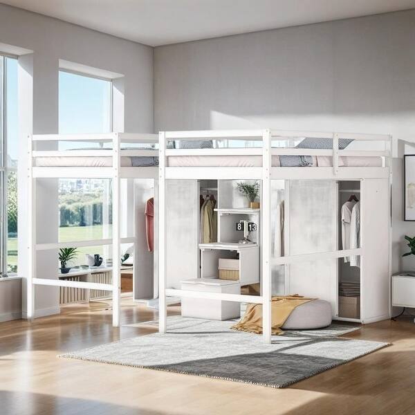 slide 2 of 12, Elegant Double Twin Loft Beds with Wardrobes and Staircase, White White