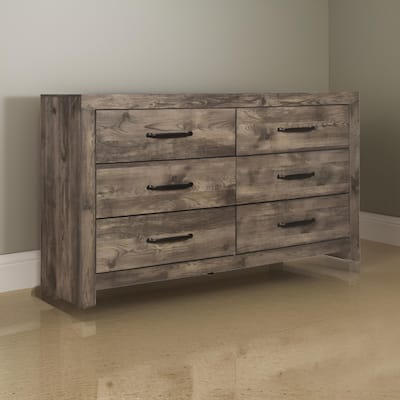 Ent 59 Inch Dresser, 6 Drawers with Black Handles, Greige Brown Finish