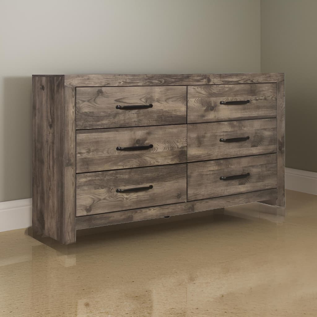 Ent 59 Inch Dresser, 6 Drawers with Black Handles, Greige Brown Finish