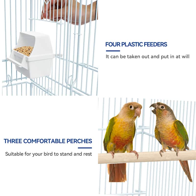 62"H Metal Large Bird Cage with Roof Top, Rolling Stand and Toys
