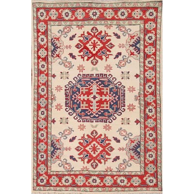 Ivory / Beige Kazak Oriental Accent Rug Hand-Knotted Wool Carpet - 3'2"x 4'8"