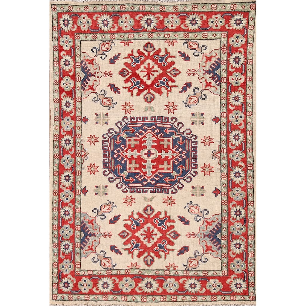 Ivory / Beige Kazak Oriental Accent Rug Hand-Knotted Wool Carpet - 3'2"x 4'8"