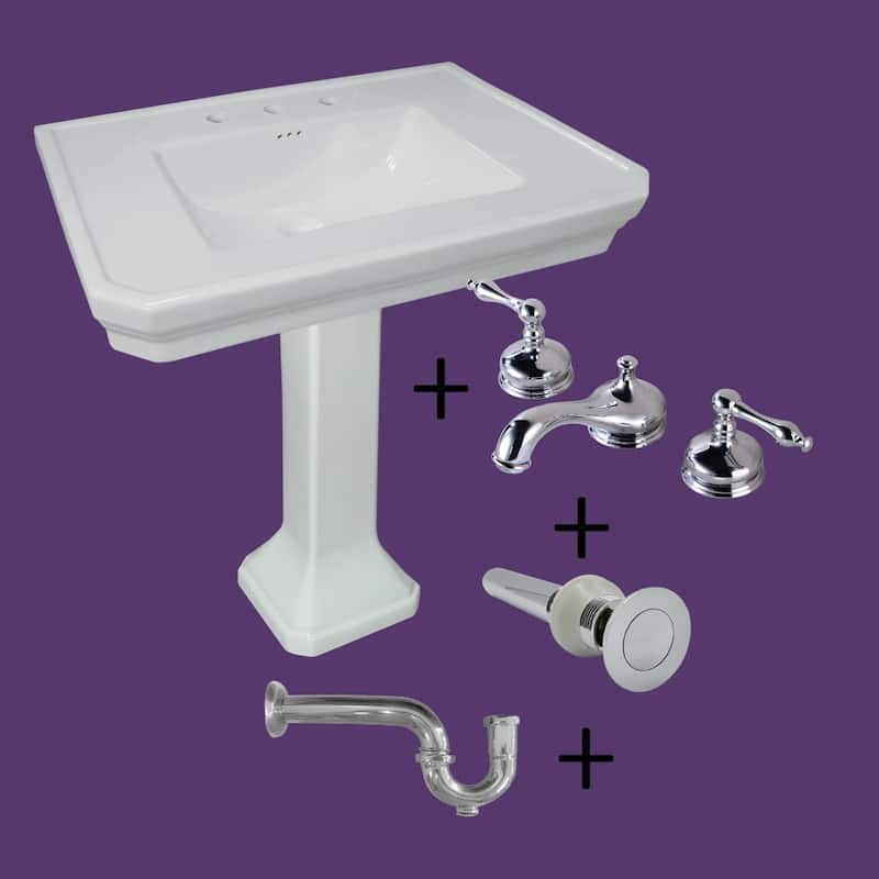 White Pedestal Sink 32" with 8" Chrome Faucet, P-Trap and Drain