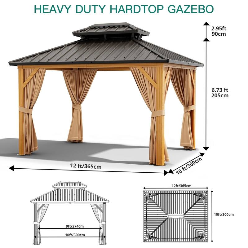 Outdoor Galvanised Steel Hardtop Gazebo, with Netting and Sunshade Curtains