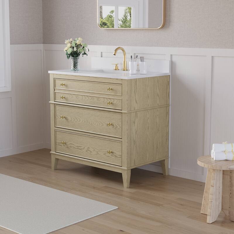 35''H Solid Wood Bathroom Vanity with Carrera White Quartz Top,Drawers And Single Sink