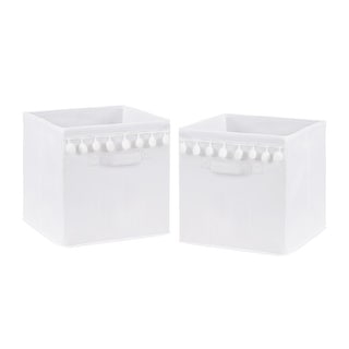 White Foldable Fabric Storage Bins for Boho Llama Collection - Gender Neutral Solid Color Bohemian Southwest Tribal Pom Pom