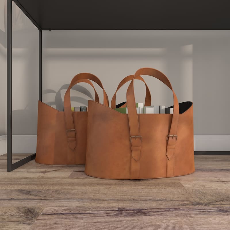 Leather Handmade Box Style Single Slot Magazine Holder with Curved Handles - Set of 2 Brown - Roche River Decor