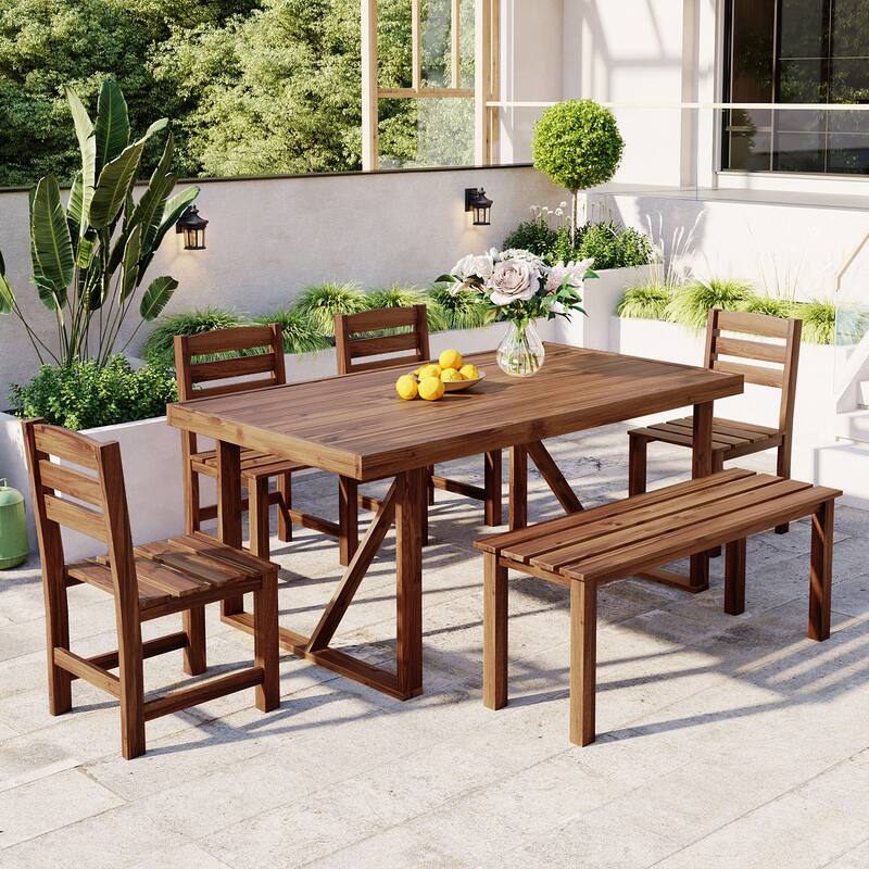 Roomfitters 6-Piece Acacia Wood Outdoor Dining Set with Bench and 4 Chairs, Rectangular Table for Patio and Backyard - Brown