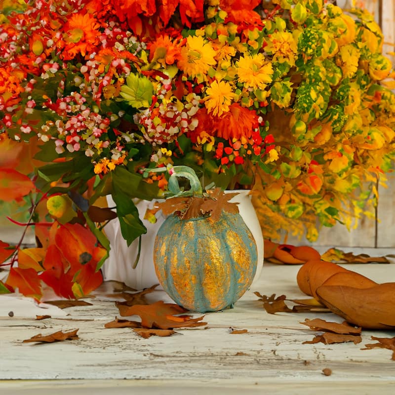 13" Autumn Harvest Pumpkin Metal Decoration - Orange and Green