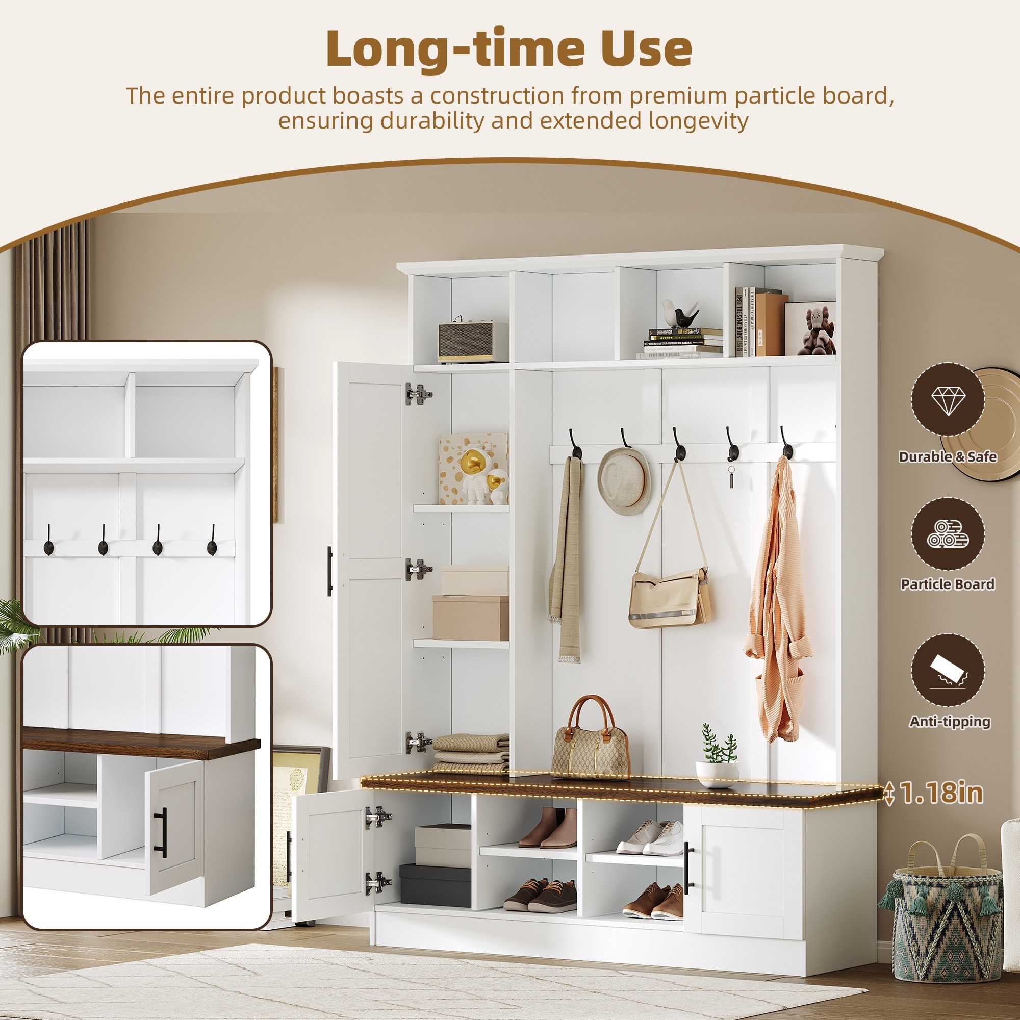 55"W Entryway Coat Rack Hall Tree Living Room Storage Bench with 6 Hooks