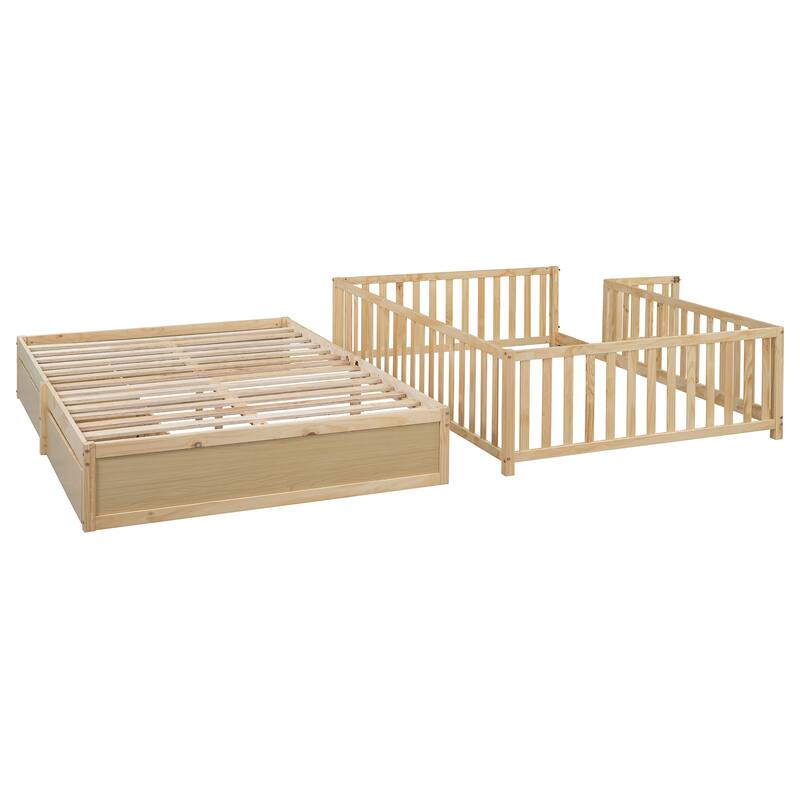 Pine Wood Daybed Floor Bed Frame with Fence Guardrails and 2 Drawers, Converts into Two Individual Beds, No Box Spring Needed
