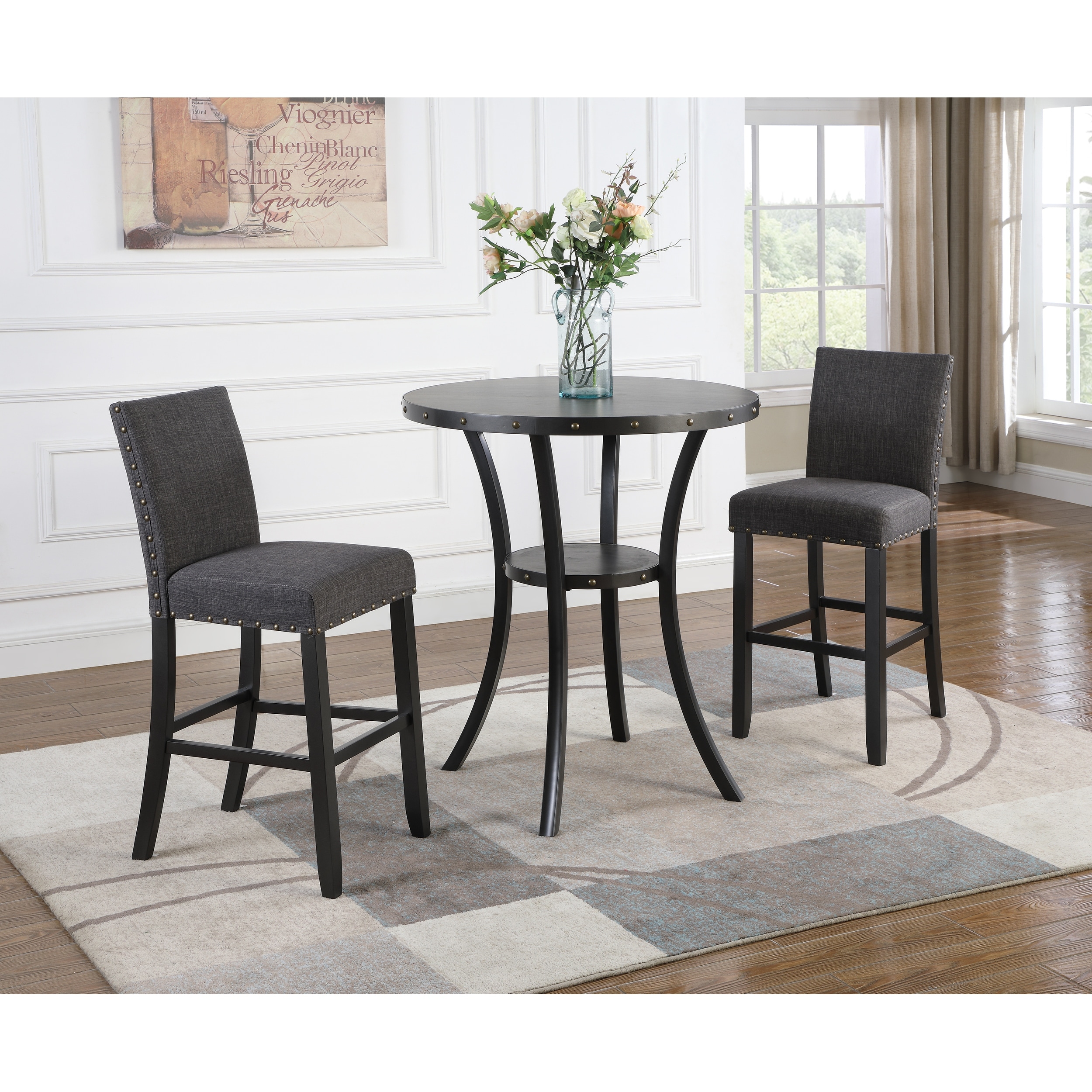 3-Piece 36" Round Espresso Finish Bar Table with 2 Blue Fabric Nail Head Pub Chairs